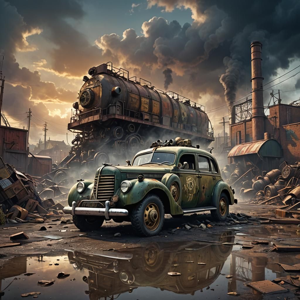 Dieselpunk Officer in Wasteland Limousine at Sunset