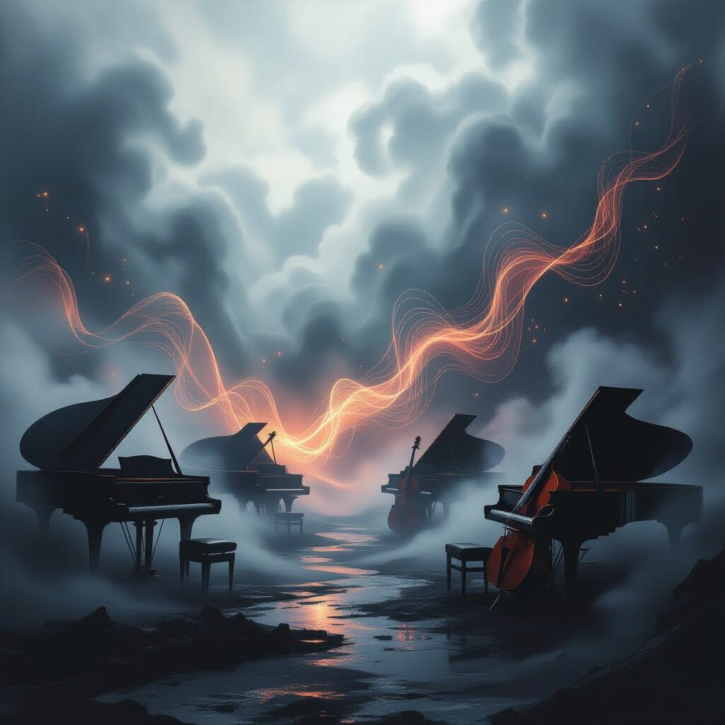 Surreal Music Scene with Swirling Shadows and Ethereal Light
