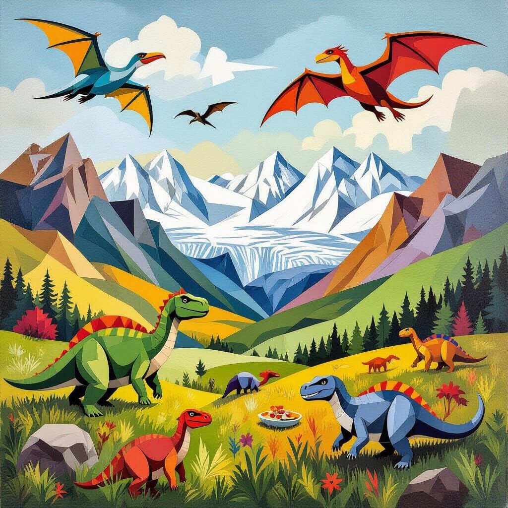 Dinosaurs in Grassy Fields: Cubist Painting