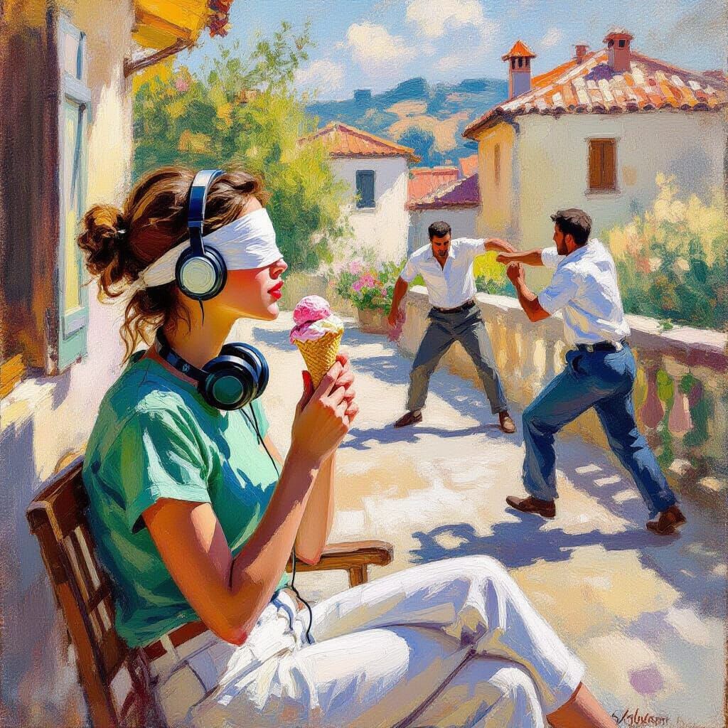 Impressionist Painting: Woman Enjoys Ice Cream Amidst Villag...