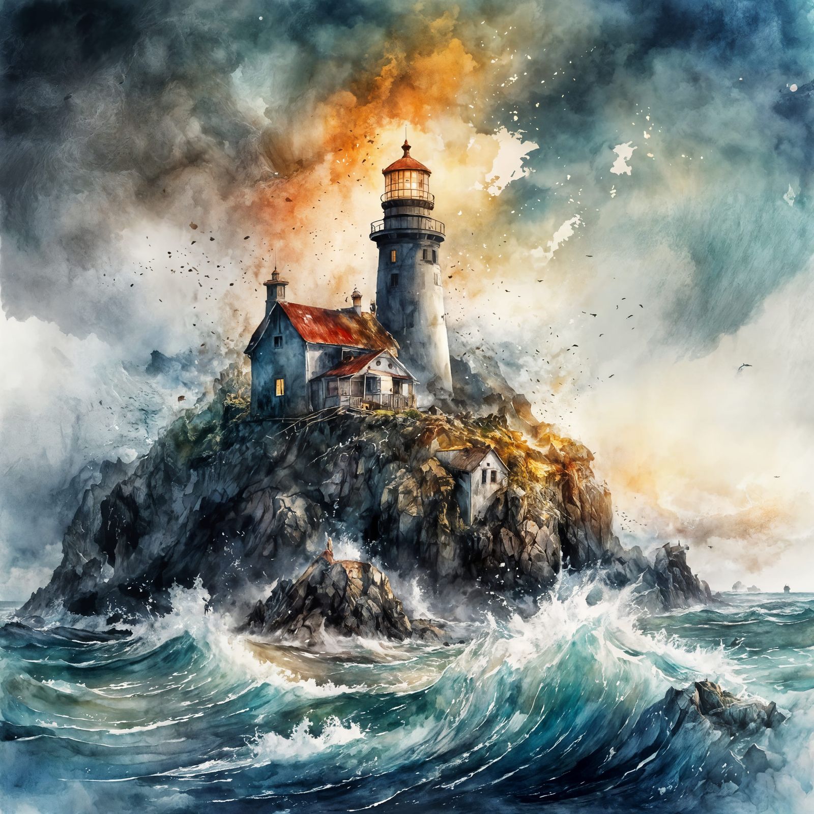 Lighthouse Collapsing into Stormy Seas: Watercolor Illustrat...