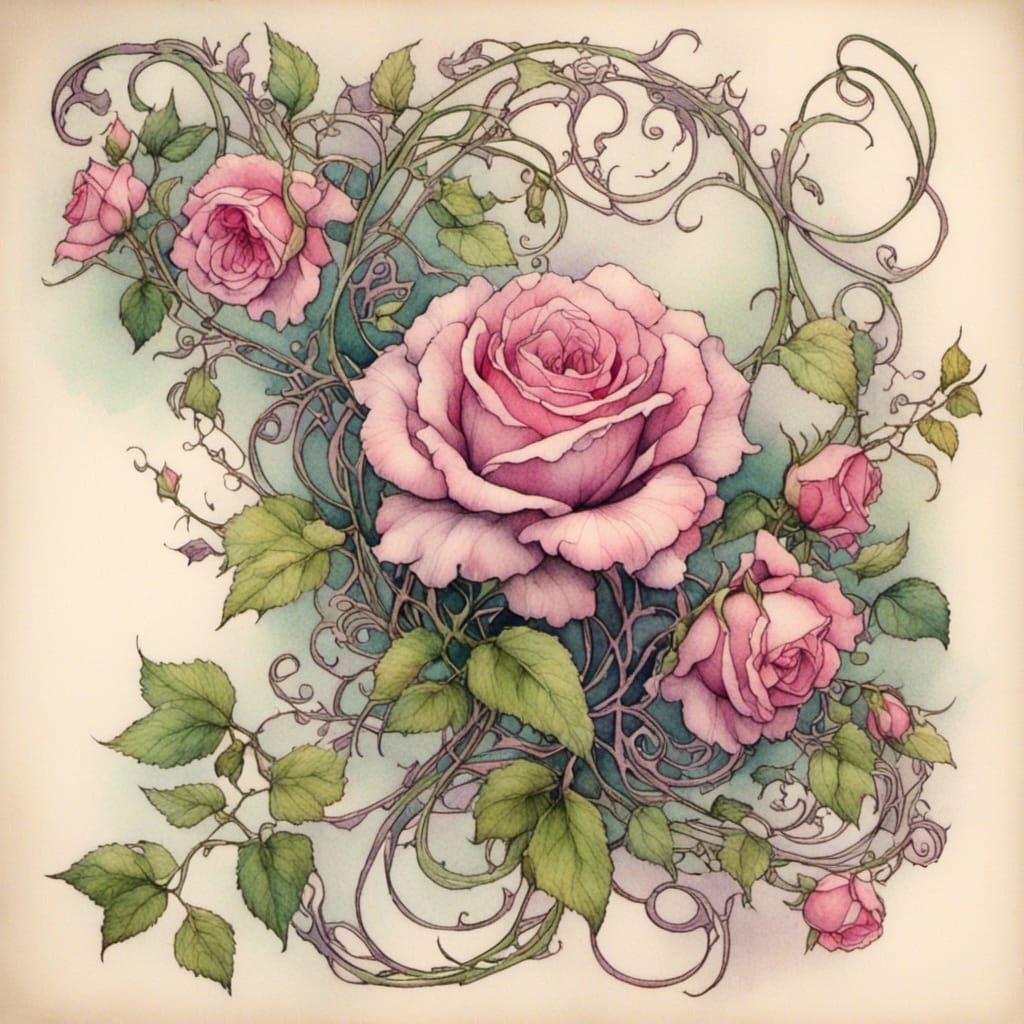 Romantic Watercolor Tattoo Design of Vines and Roses