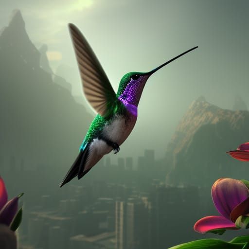 Geometric Hummingbird with Dew Drops in Digital Painting