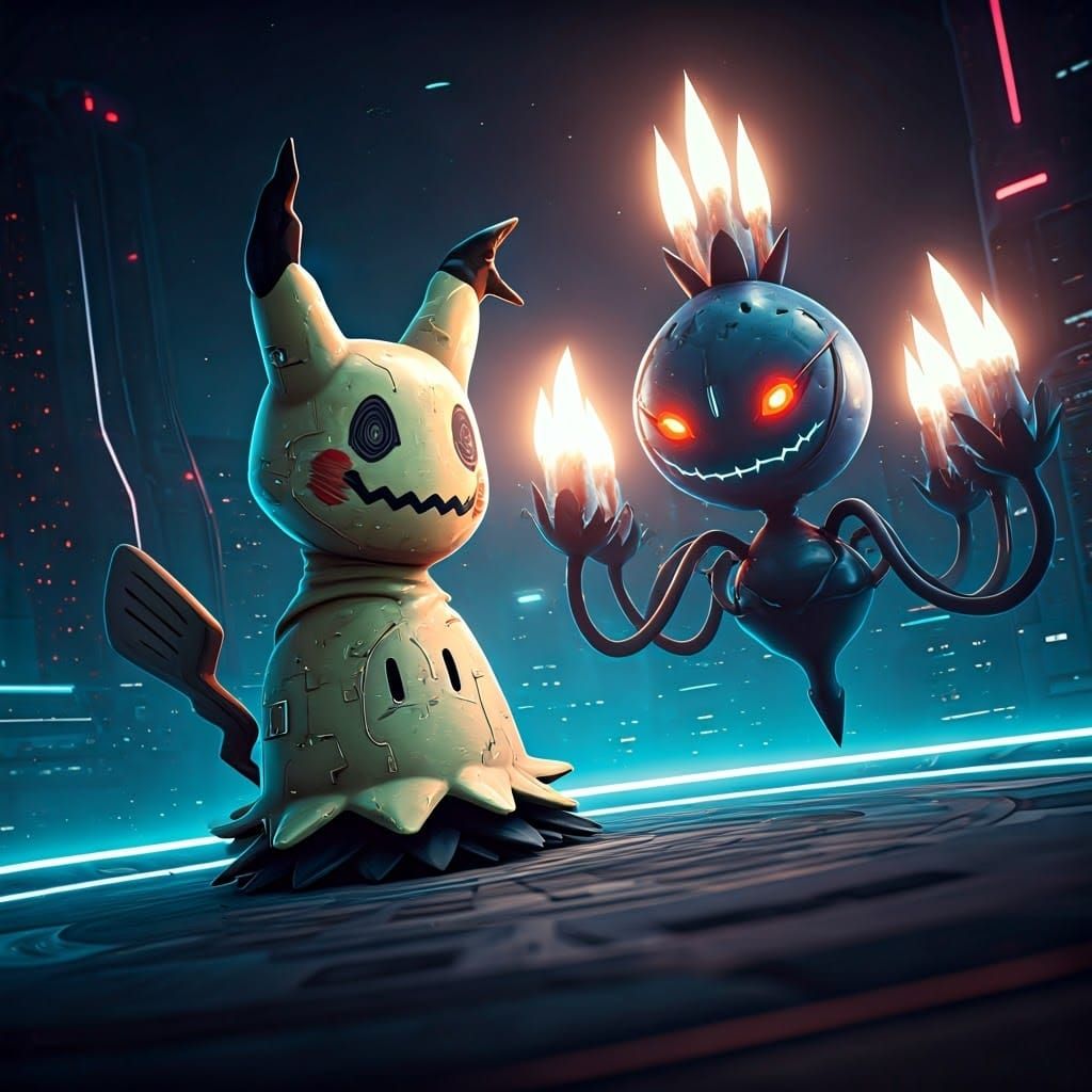 Mecha Pokémon Battle in Neon Lit Metropolis