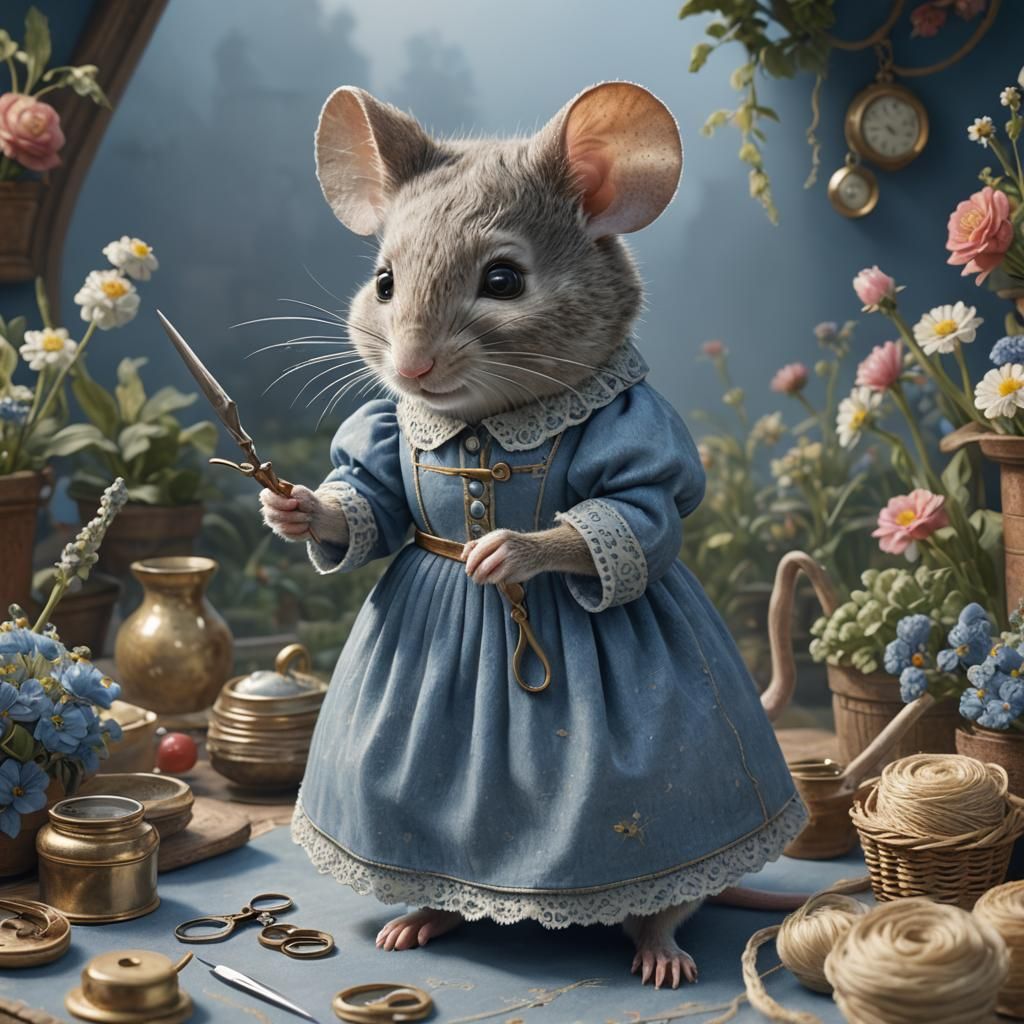 Mouse Mother Sewing: A Hyperrealistic Fine Art Piece