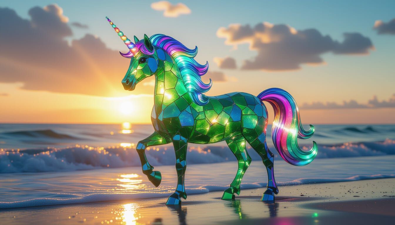 Sea Glass Unicorn on Glowing Shoreline