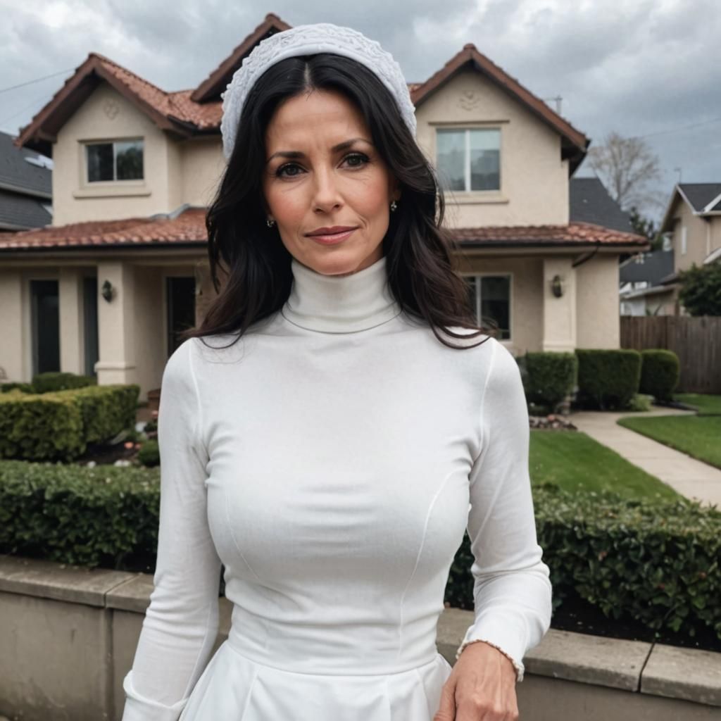 Elegant Woman with Dark Hair in Front of House