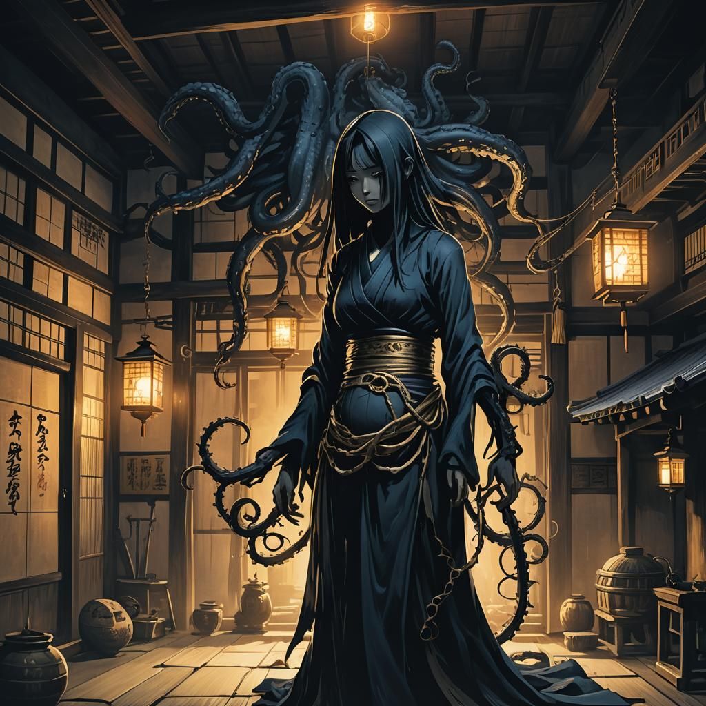 Ominous Tentacled Figure in Dark Fantasy Setting