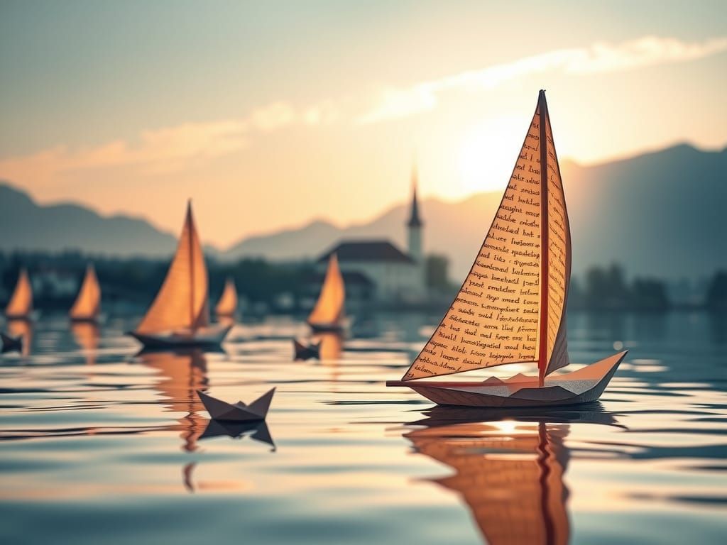Origami Sailboats on Lake Constance in Golden Light