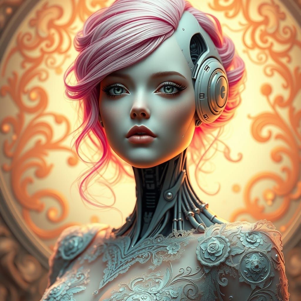 Robot Bride in Elegant Wedding Gown with Art Nouveau Pattern...