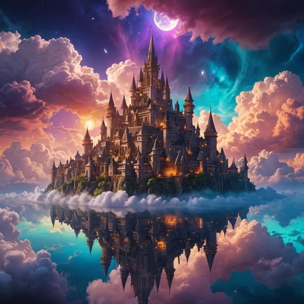 Magical Medieval City Floating on Cloud in Moonlight