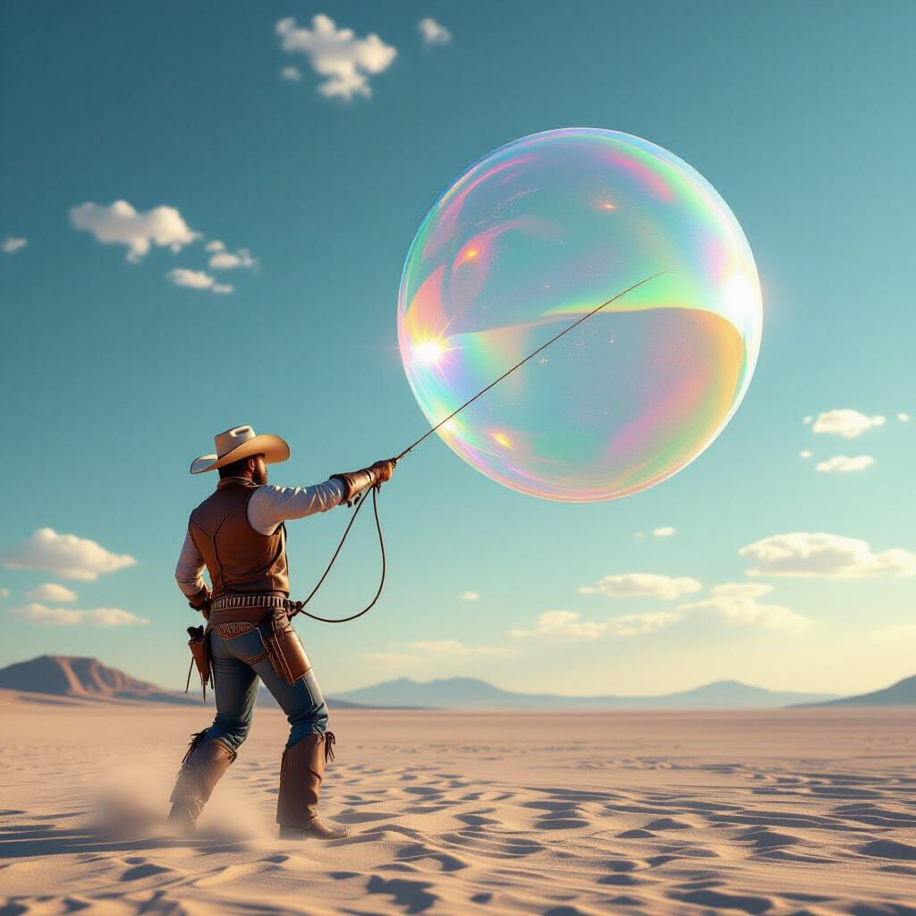 Cowboy Lassoes Iridescent Bubble in Dreamscape