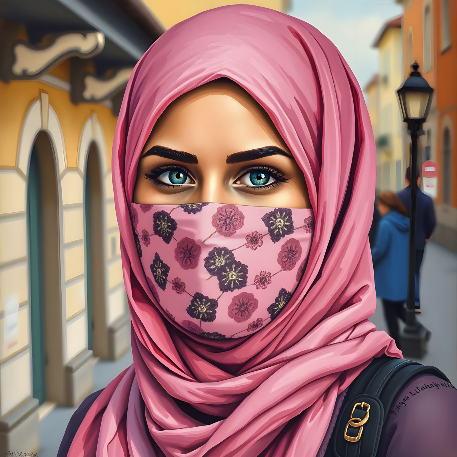 Friendly European Hijabi Woman in Oil-Guache Painting