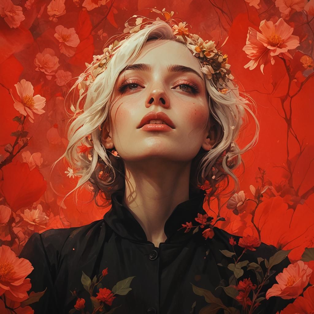 Girl Surrounded by Giant Flowers in Surreal Landscape