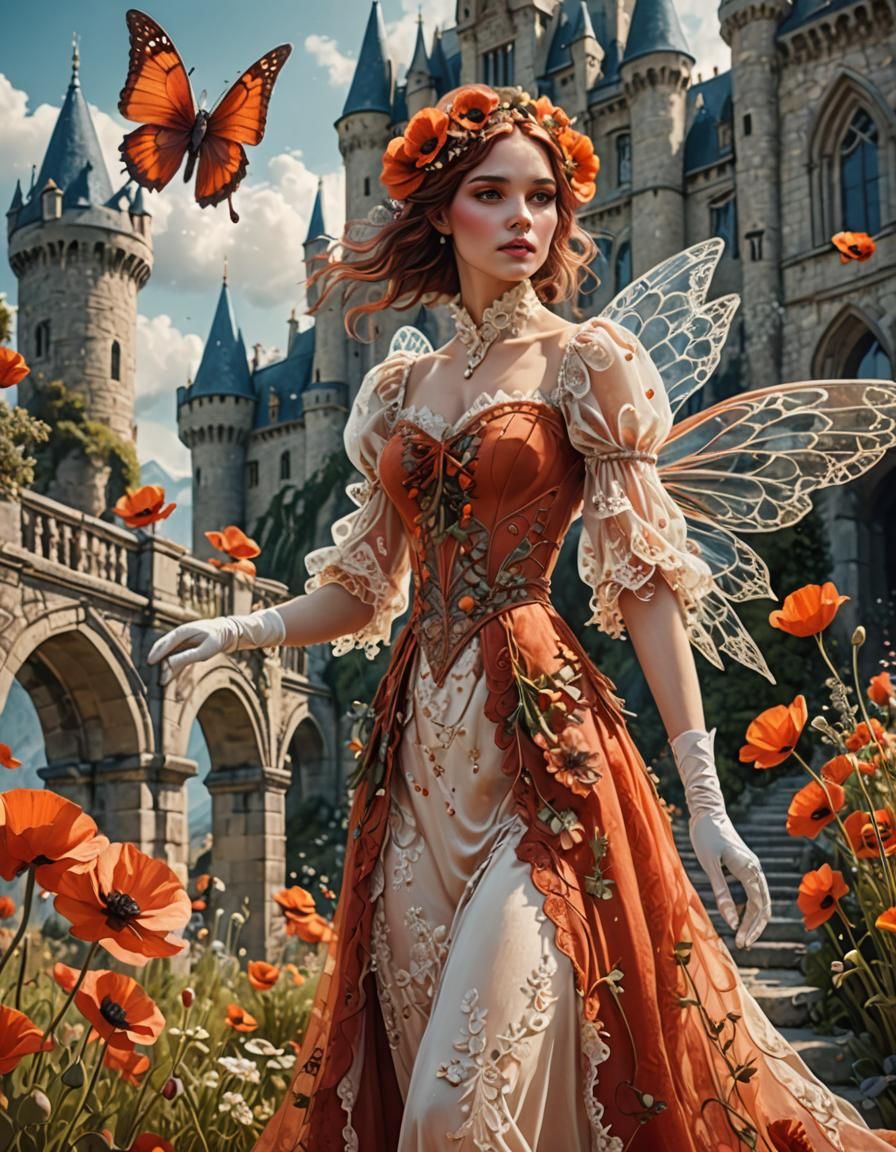 Vintage Fairy on Poppy Bridge, Dreamlike Digital Art