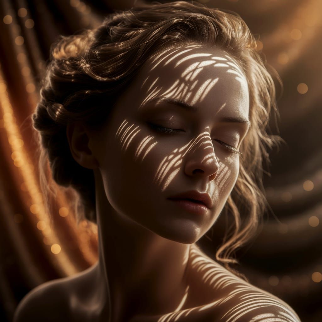 Ethereal Woman Bathed in Golden Light Patterns
