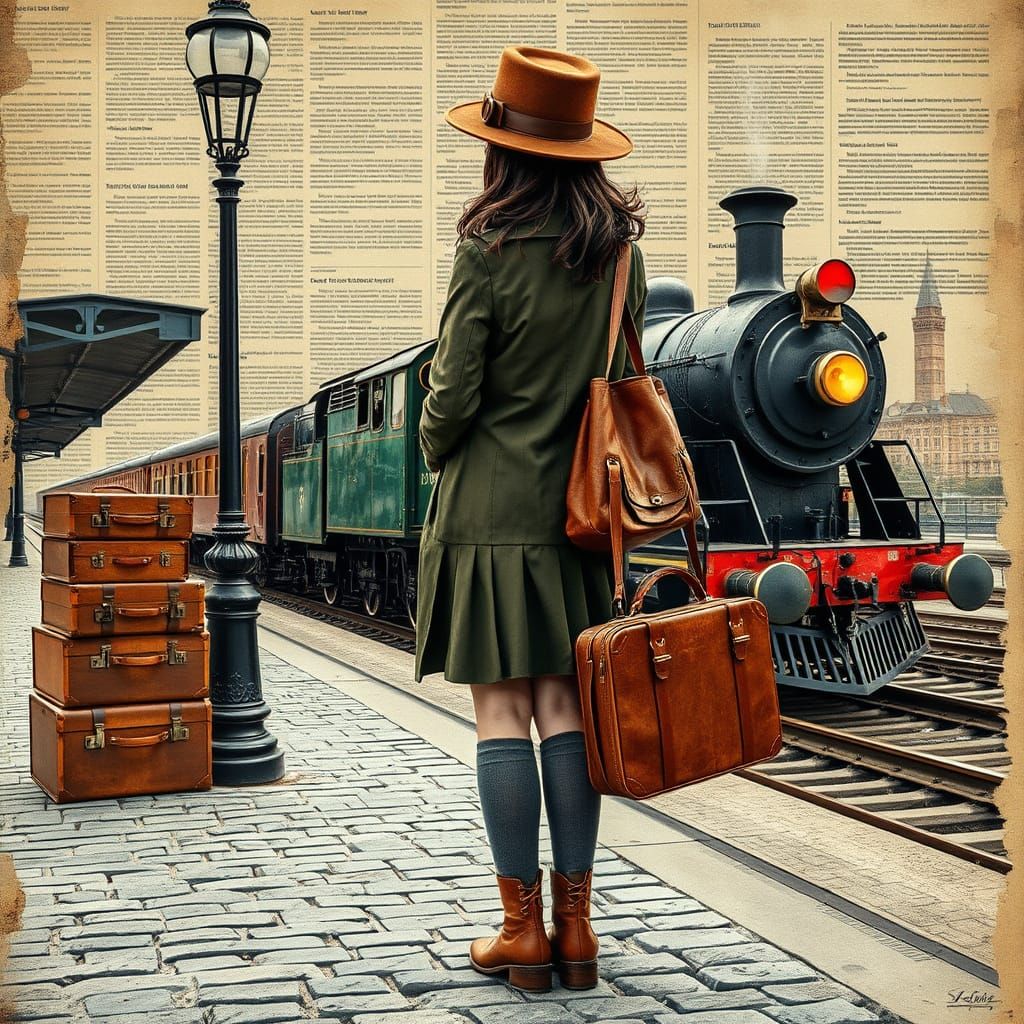 Steampunk Traveler Portrait in Mixed Media Style