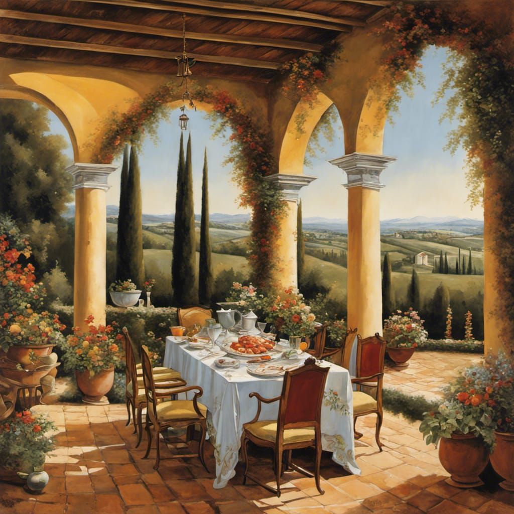 Villa Dinner Feast in Romantic Realism Style