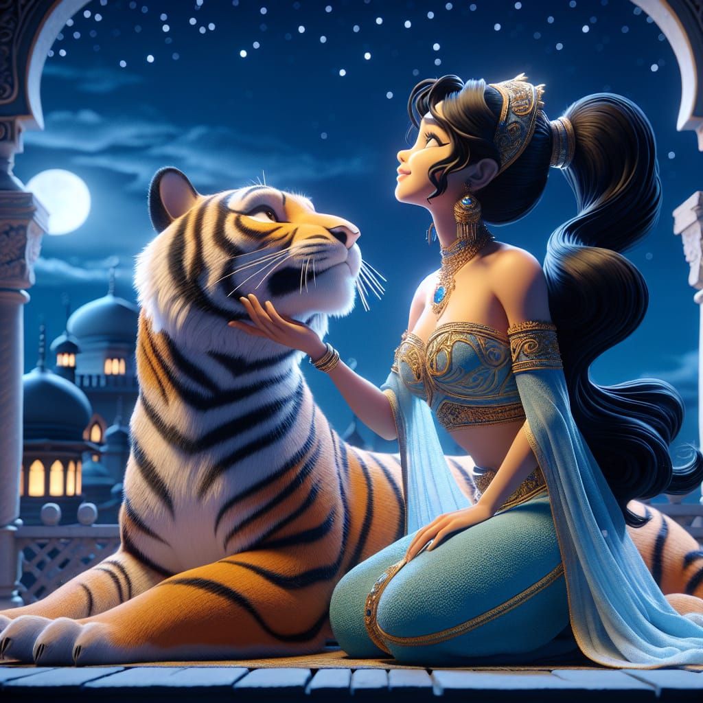 Disney Pixar style 3D beautiful woman, long black hair in a thick pony tail, wearing a stunning outfit Arabian Nights st...