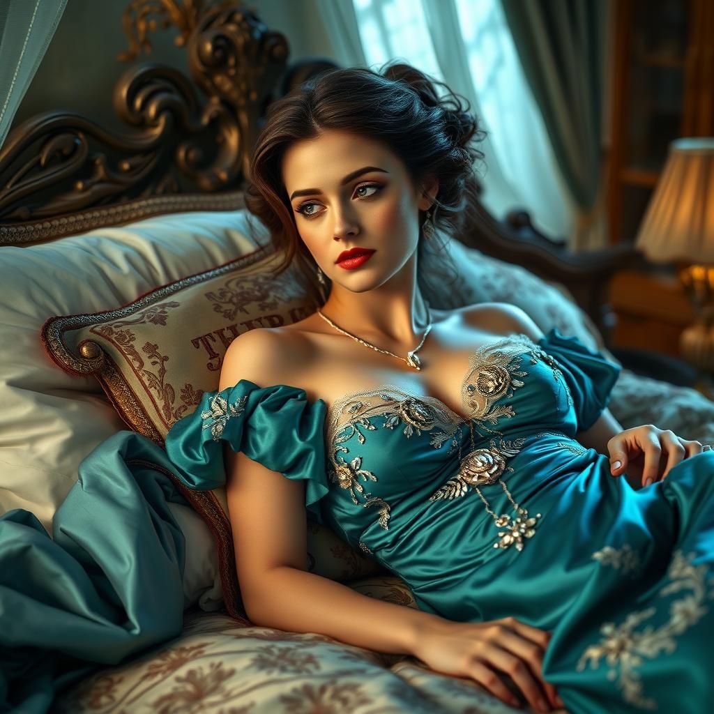 Victorian Muse in Teal Gown: Digital Matte Painting