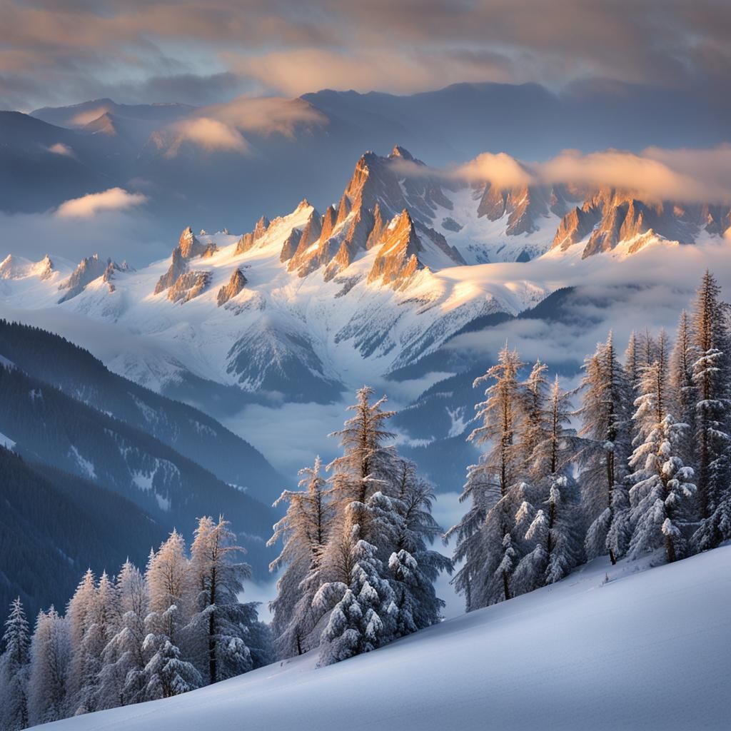 Snowy Swiss Alps in Mist, Magic Hour Photograph