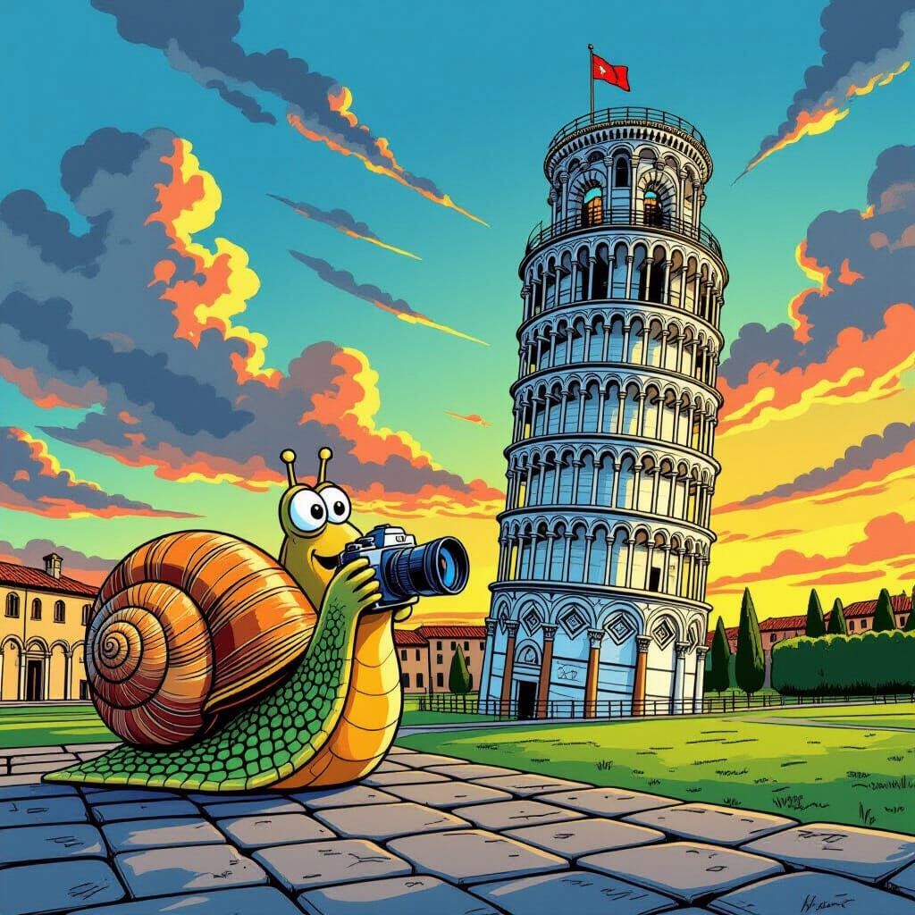 Cartoon Snail Visits Leaning Tower of Pisa