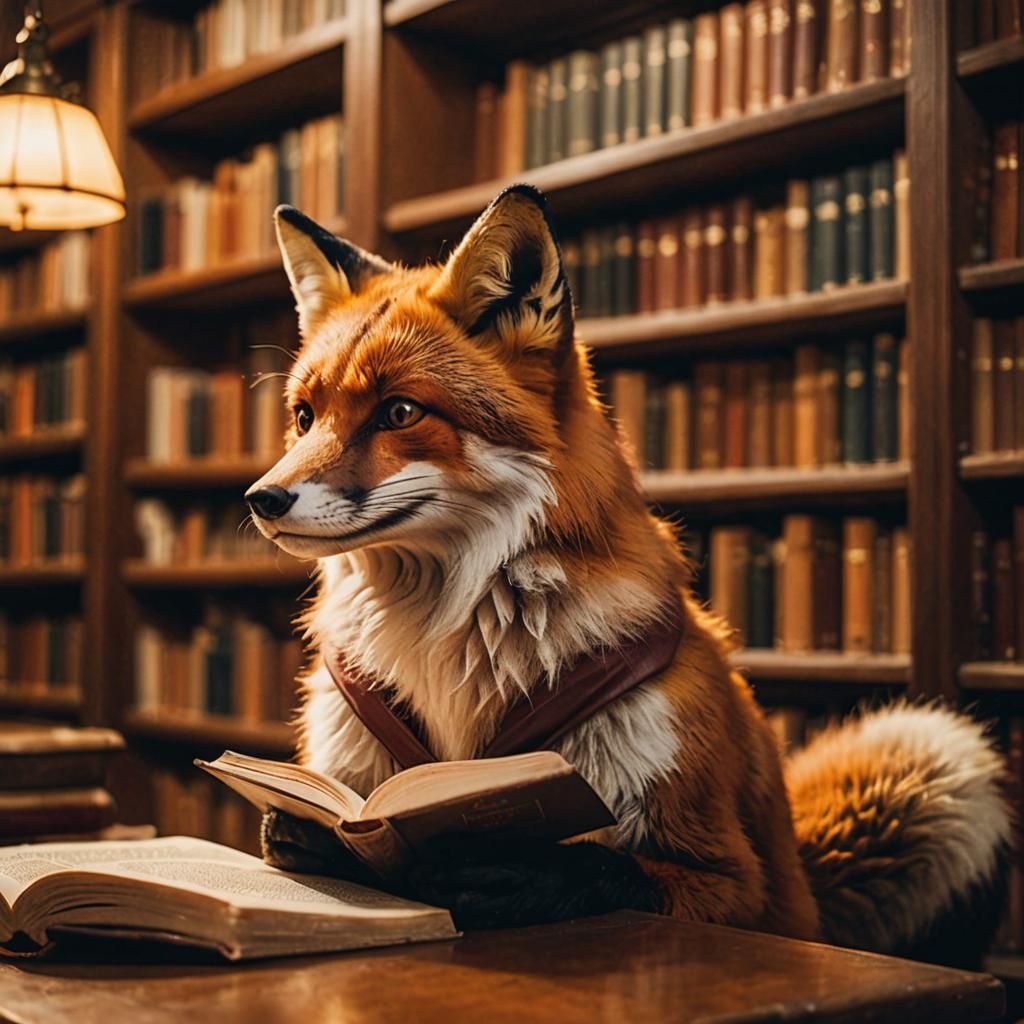 Fox Reads in Library: Warm, Cozy Portrait