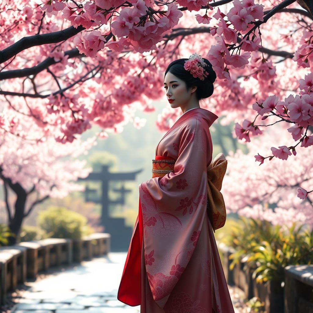 Ethereal Geisha in Cherry Blossom Japanese Garden