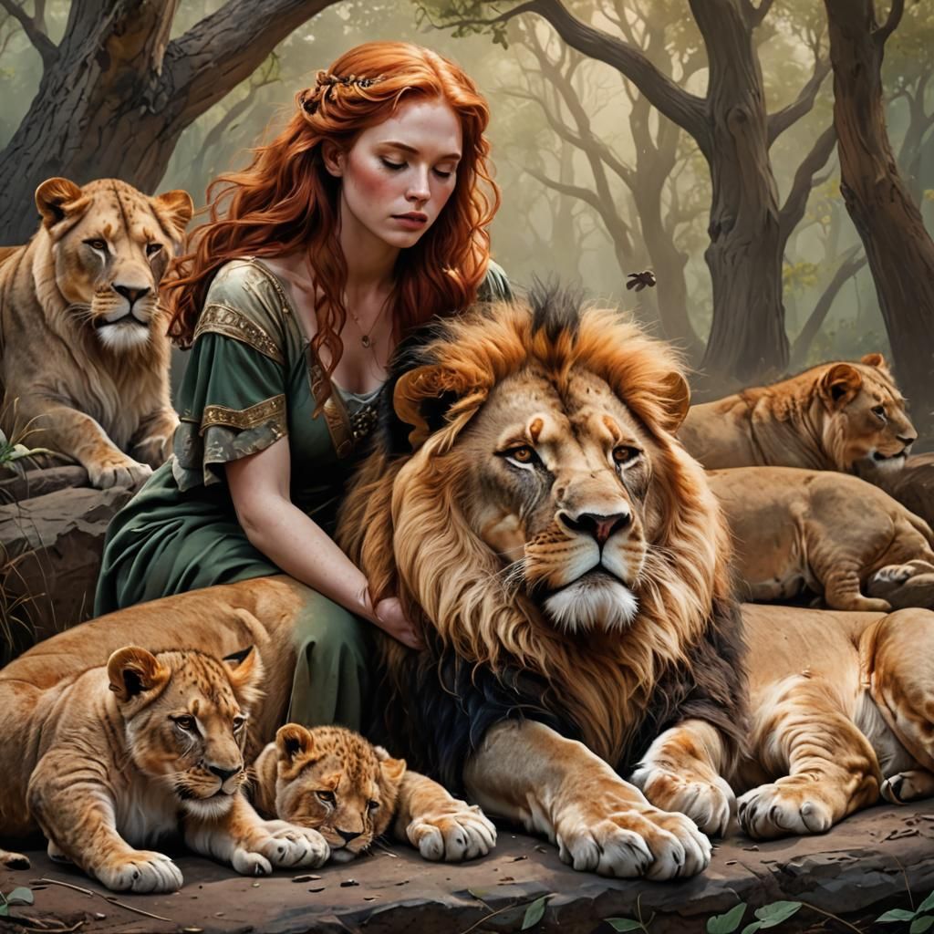 Lion Guardian with Sleeping Woman: A Fantasy Scene
