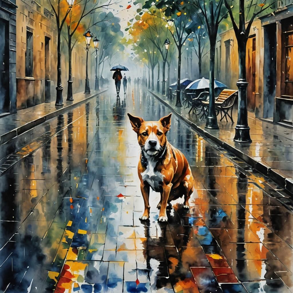 Dog in Rainy Park Alley: Watercolor Action Painting