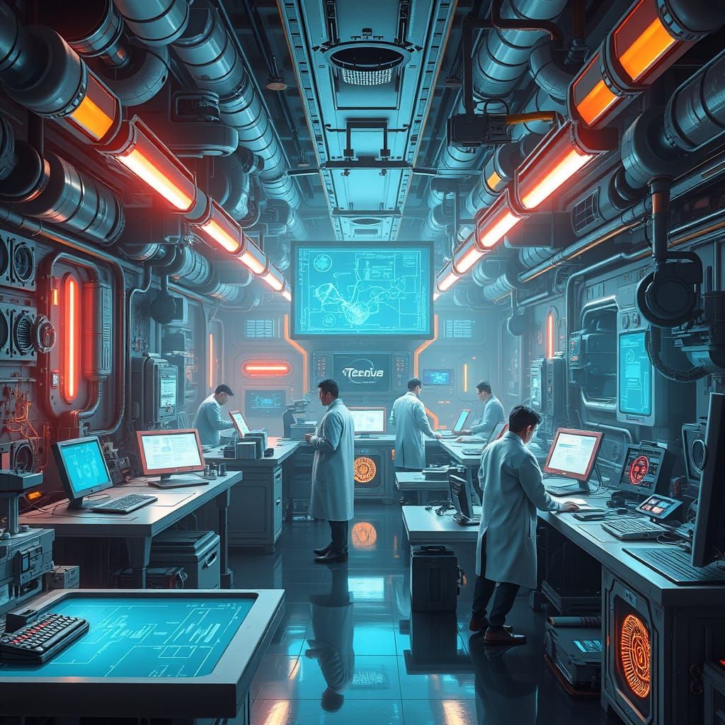 A futuristic inventor's lab filled with glowing holographic blueprints and intricate machinery.