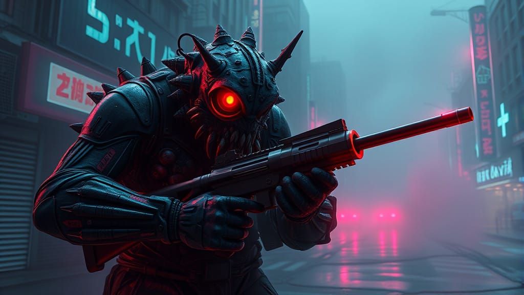 Cyber-Orc Unleashes Fury in Futuristic City Streets
