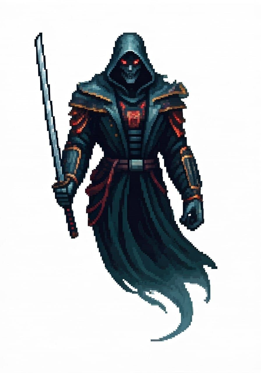 Cyberpunk Cyborg Ghost Swings Katana in Pixel Art