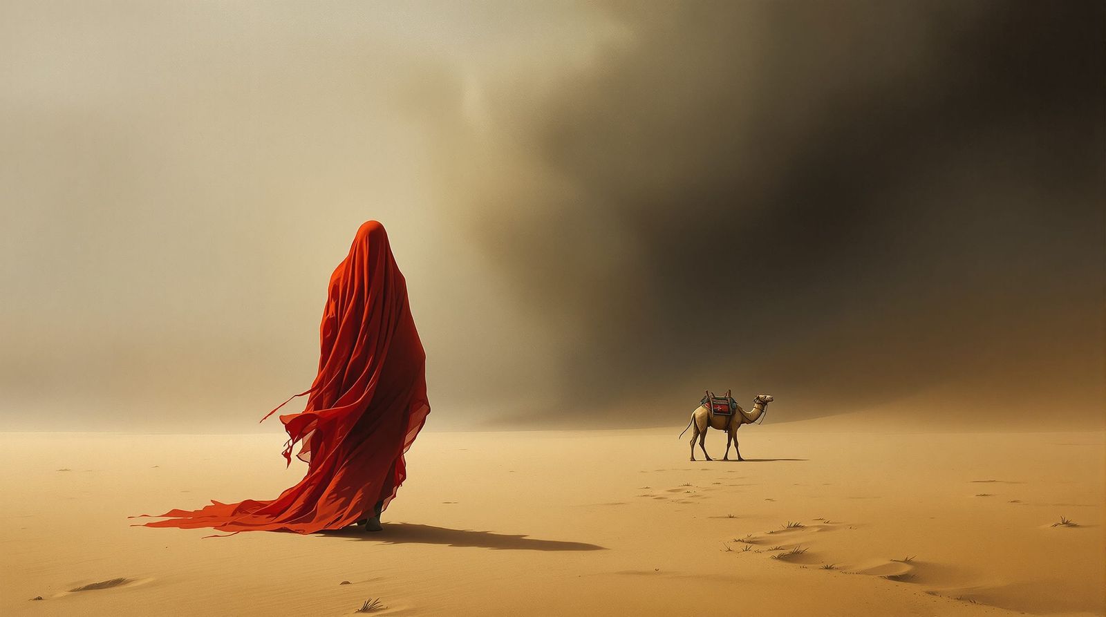 Mysterious Figure in Red Veil Amidst Sandstorm