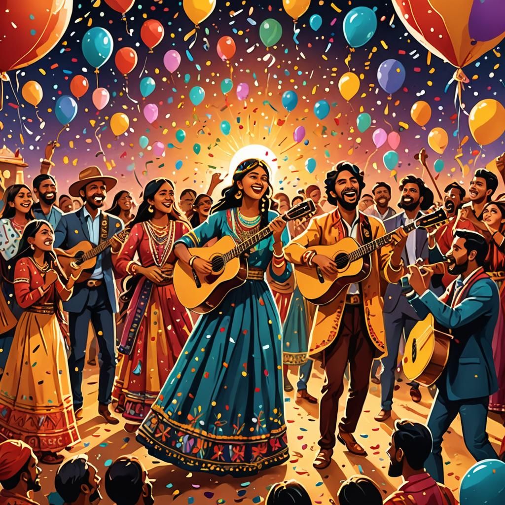 Festive Band Concert in Folk Art Style