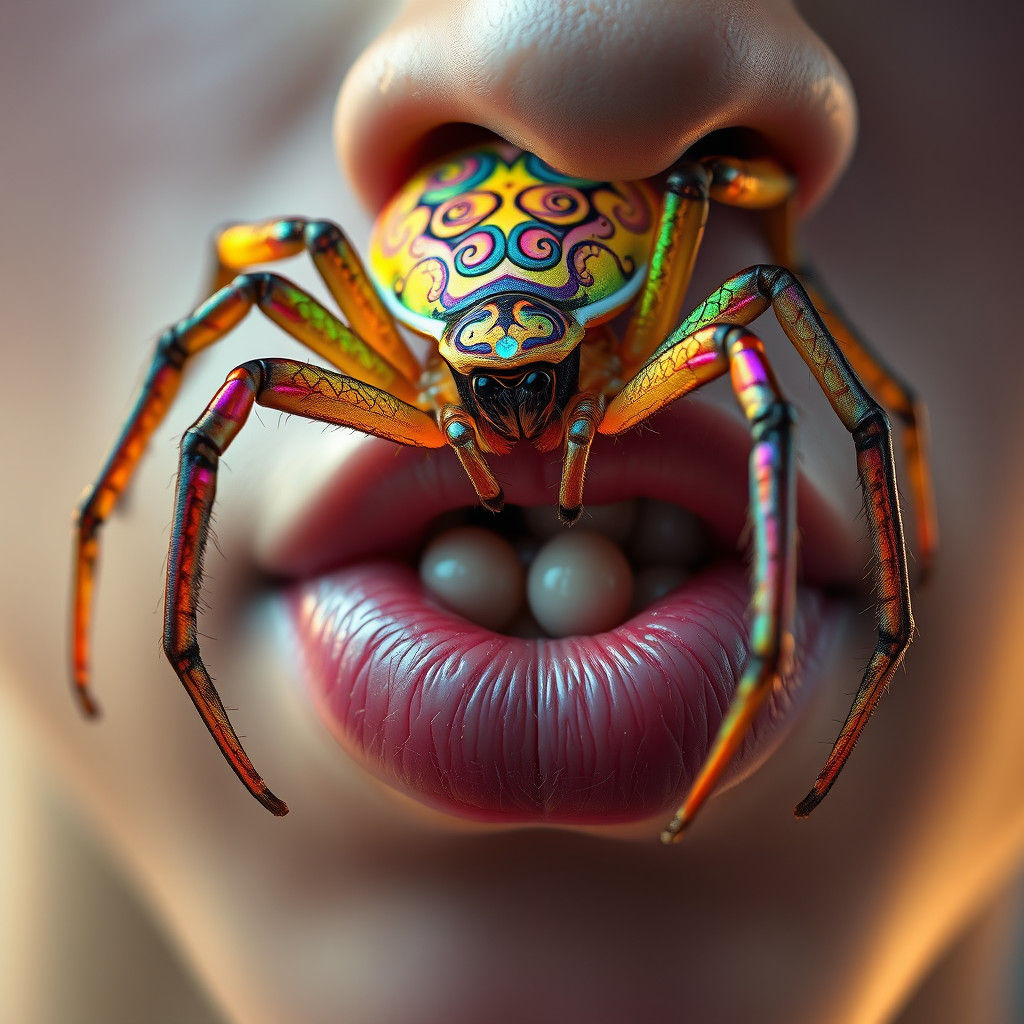 Iridescent Spider Laying Eggs on Teenager's Lip