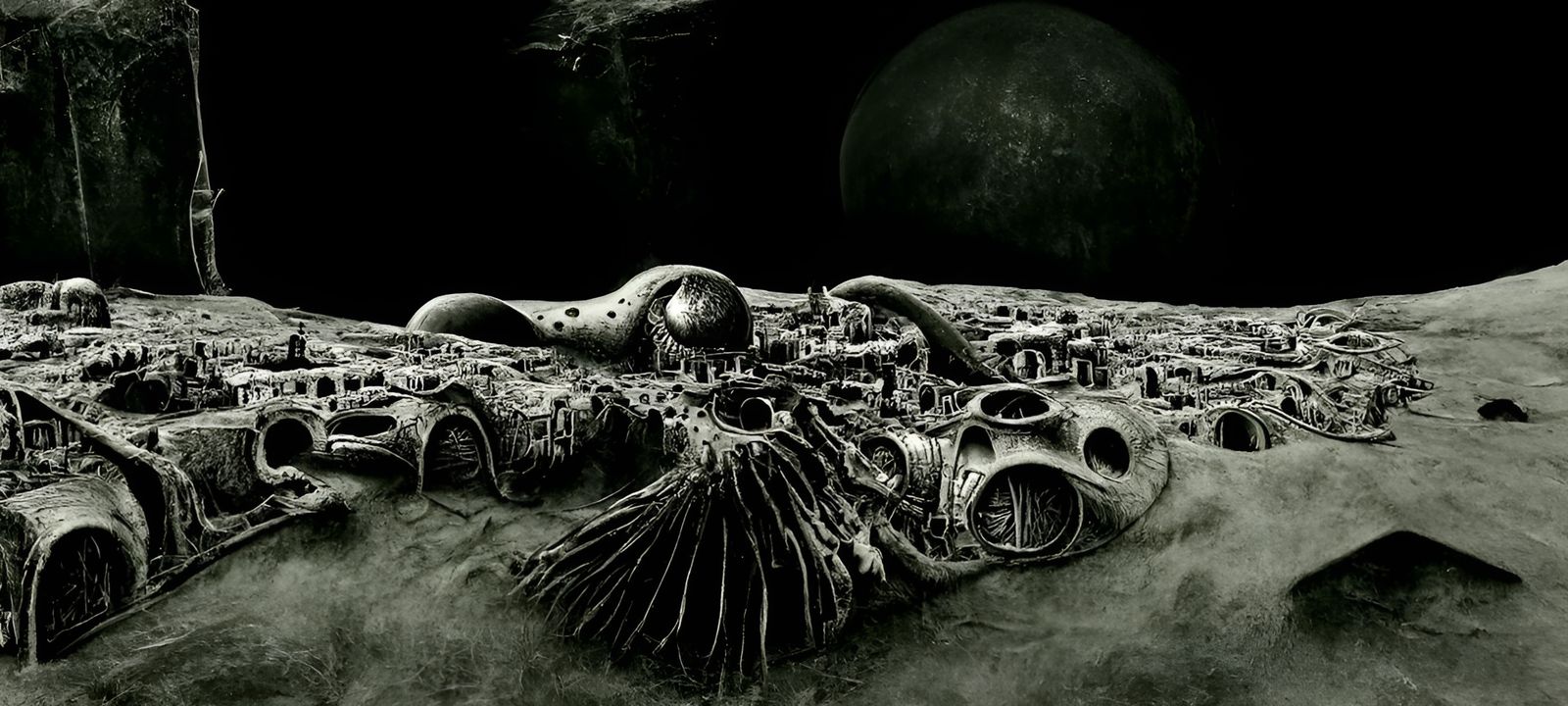 Surreal Lunar Cityscape in Dark Fantasy Style