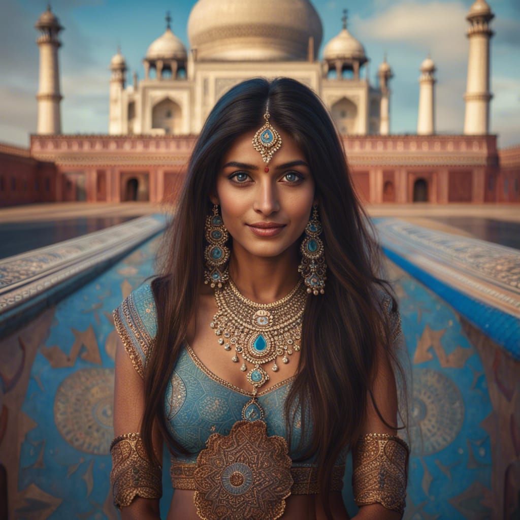 Portrait of Beautiful Indian Woman with Taj Mahal