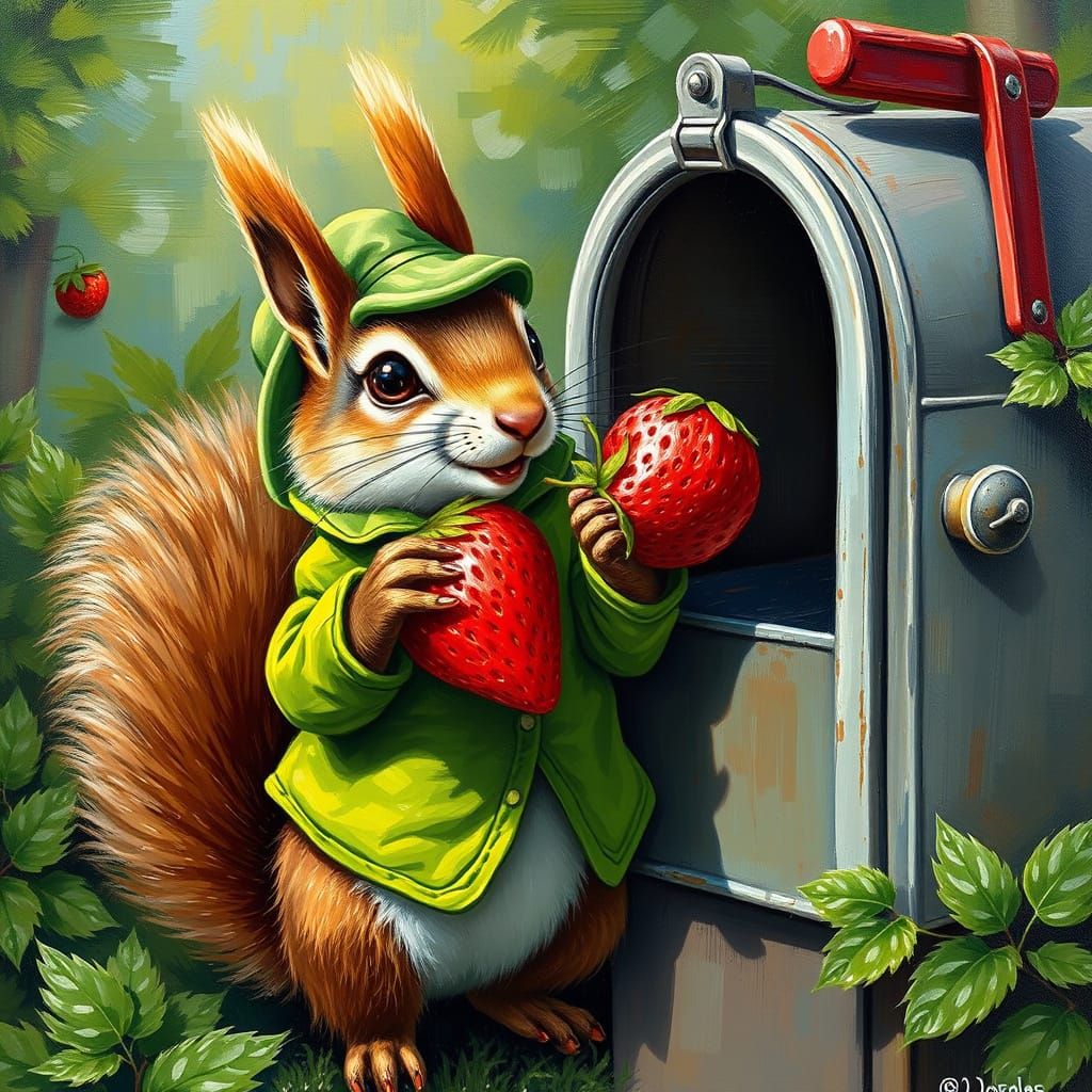 Squirrel's Strawberry Surprise: An Oil Painting Scene