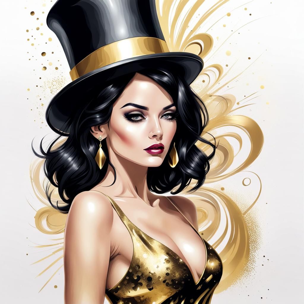 Elegant Woman in Gold Dress, Airbrush Illustration