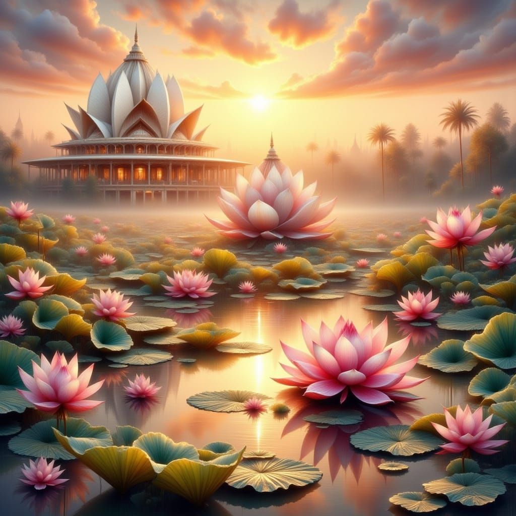 Ethereal Lotus Temple at Sunset