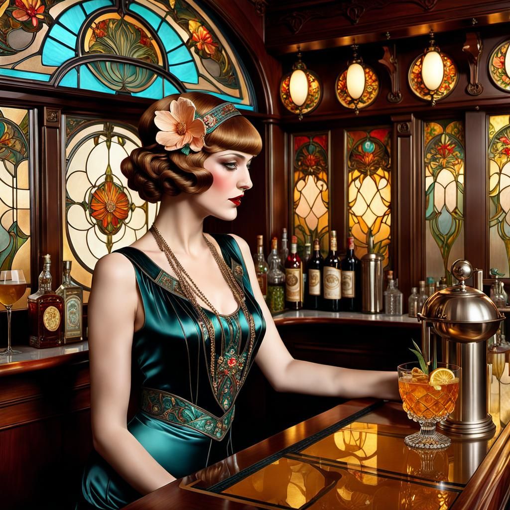 Art Nouveau Flapper Girl in Stained Glass Bar