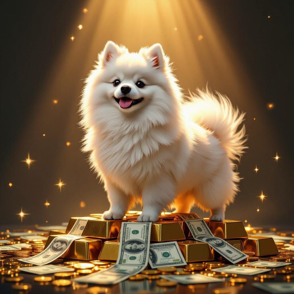 Japanese Spitz Dog Made of Money in Golden Light