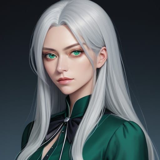 portrait of a woman with silver hair, green eyes, wearing a silk blouse set against a dark blue background