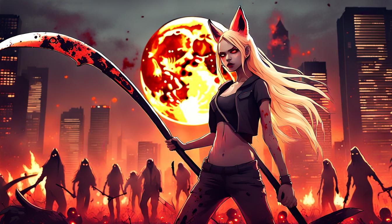 Kitsune Girl Battles Zombies in Dystopian City