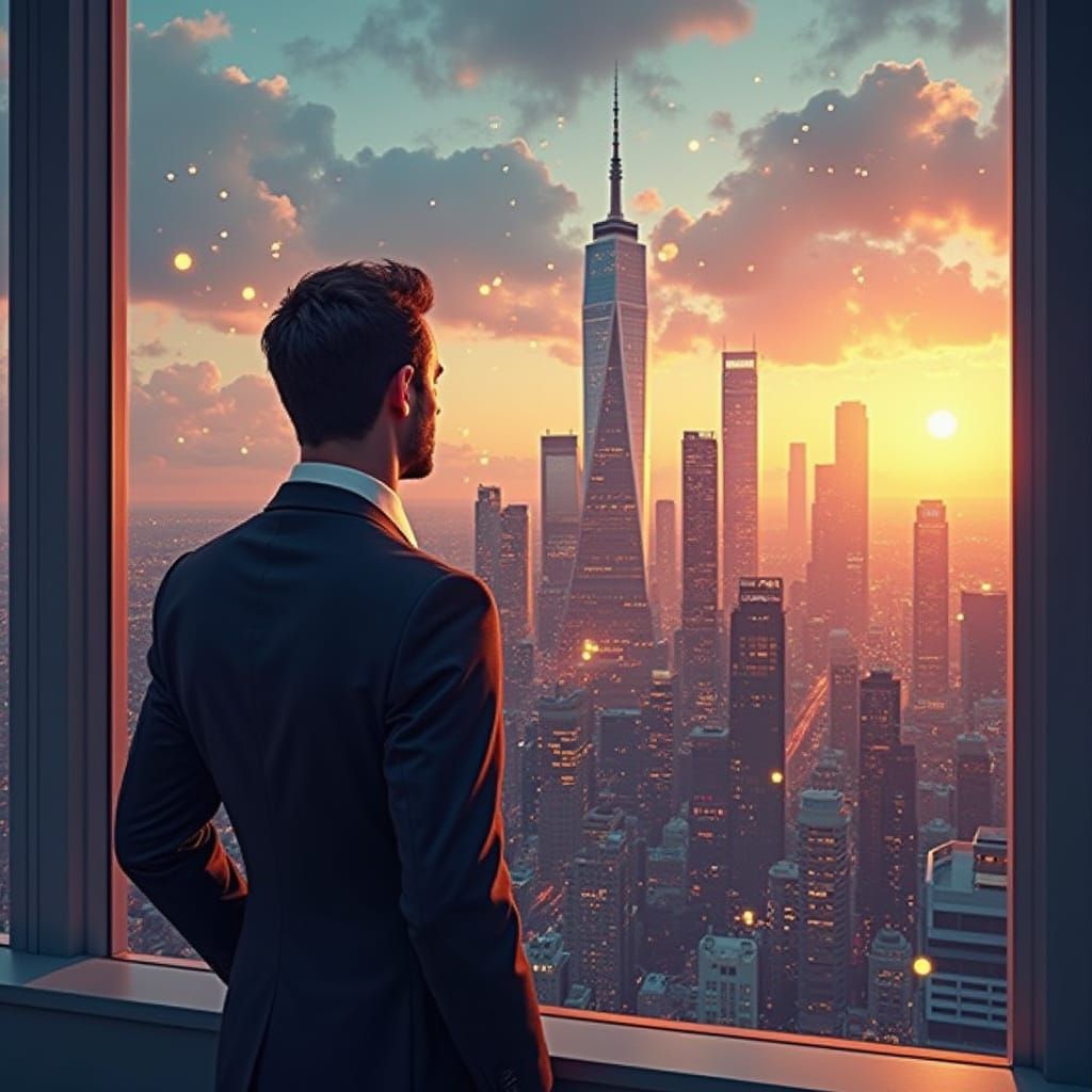 Executive Gazing at Futuristic Cityscape with Projected Grap...