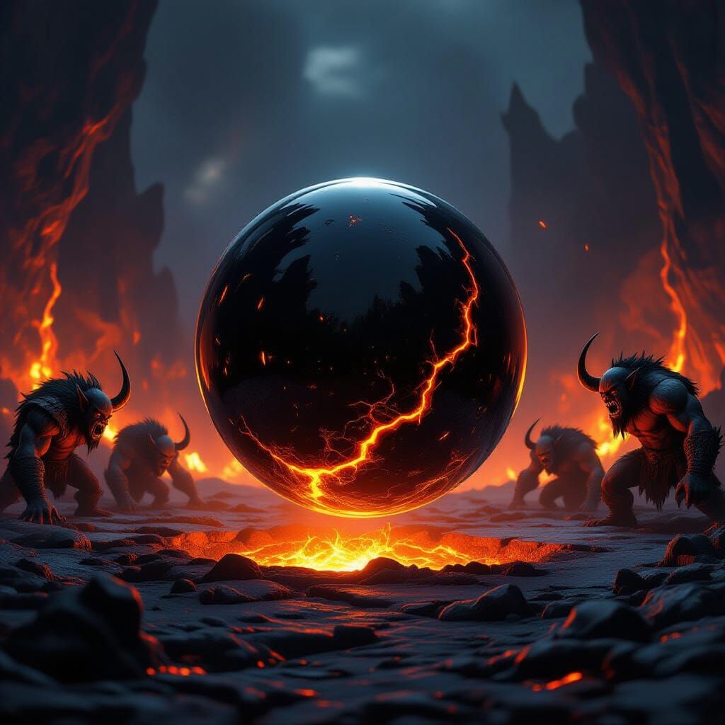 Black Glass Orb Amidst Demons and Orcs in Volcano