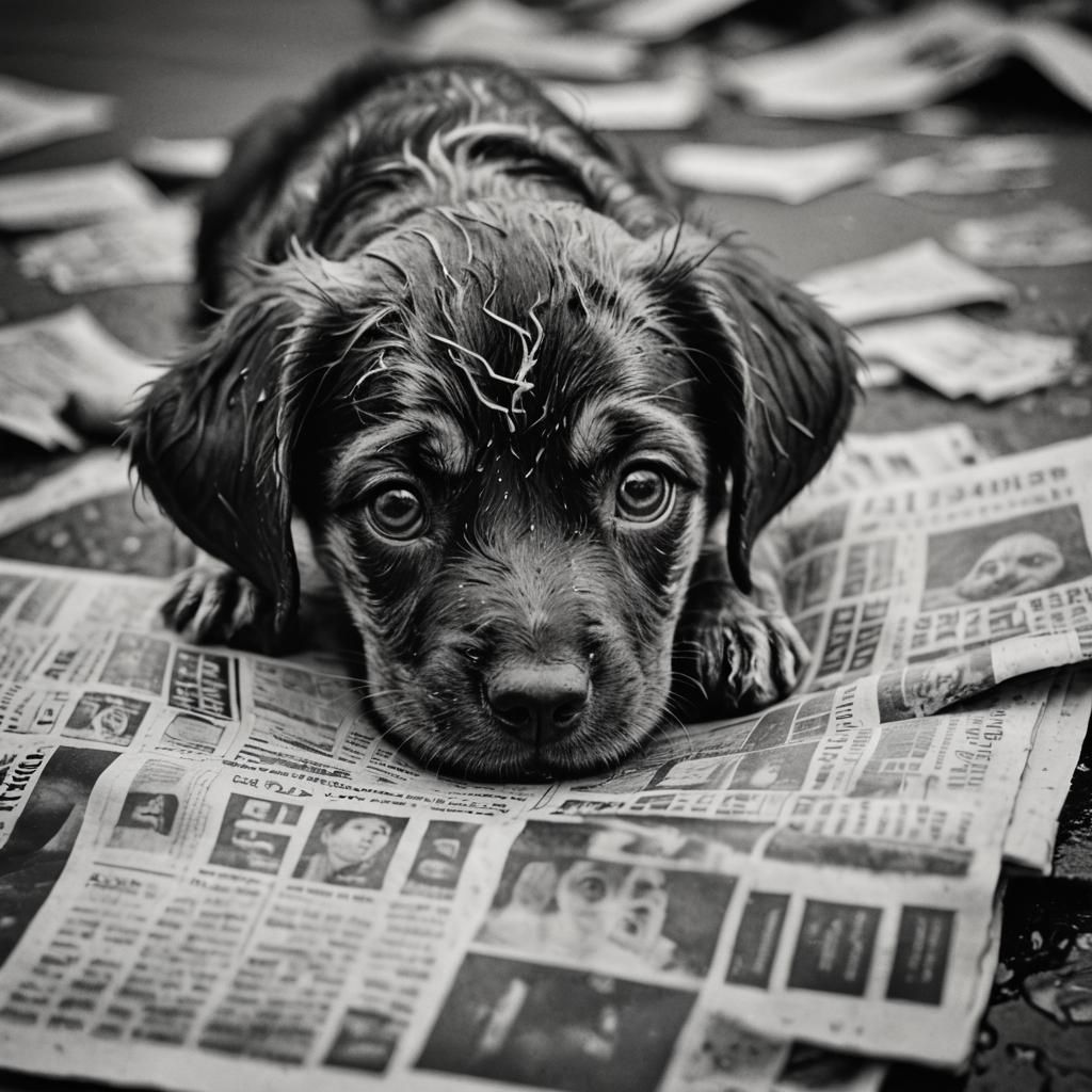 Frightened Puppy Charcoal Portrait in Rainy City
