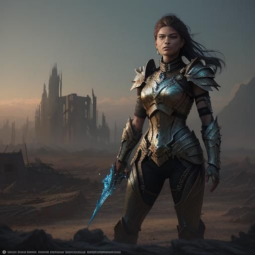 Warrior Woman in Ravaged City: Matte Painting