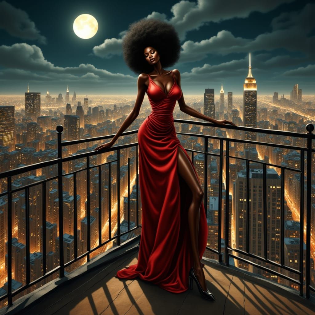 Glamorous Woman Overlooking Cyberpunk Cityscape, Vintage Pin...